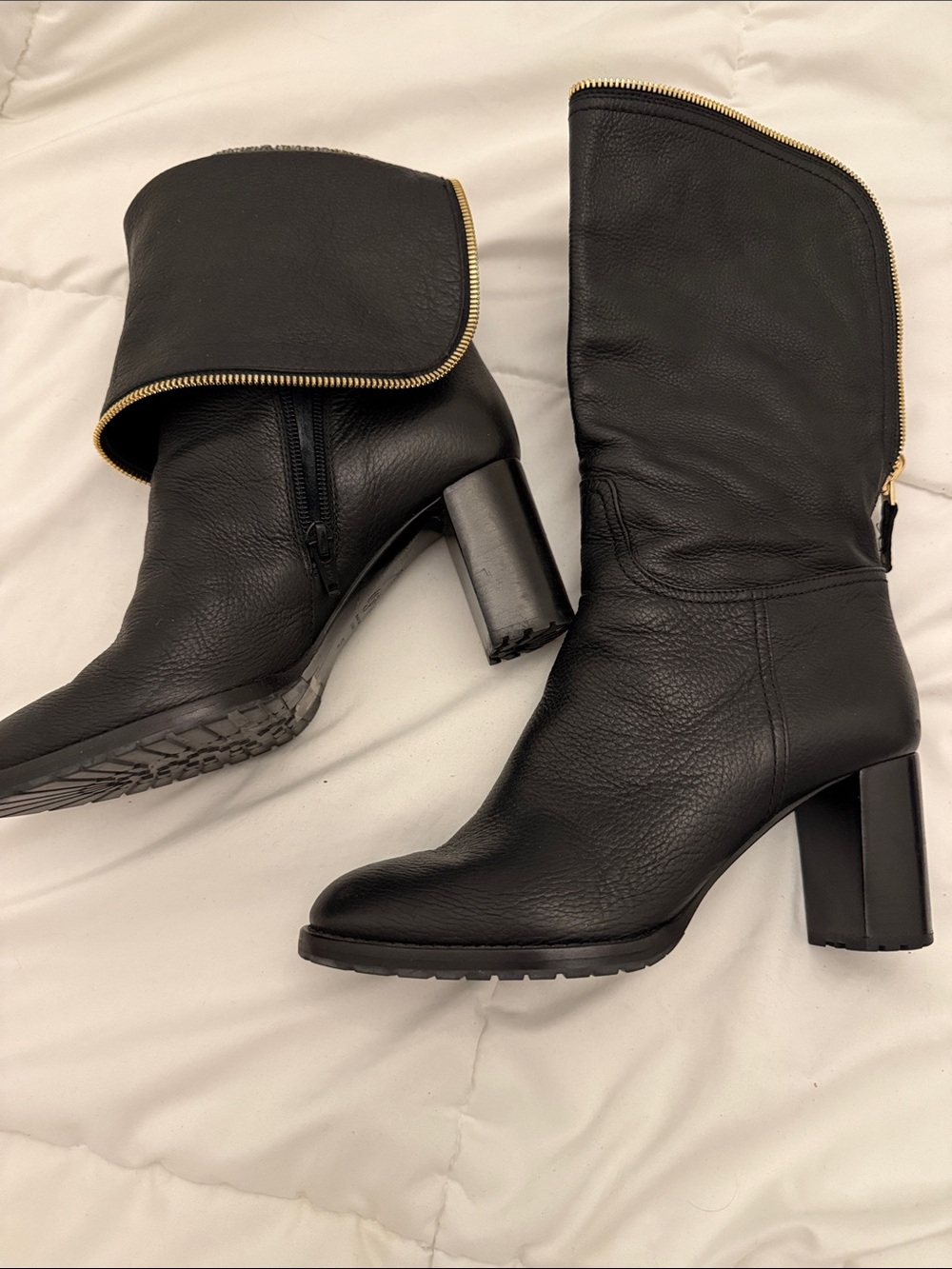 Women's Black Leather Zip-Trim Heeled Boots